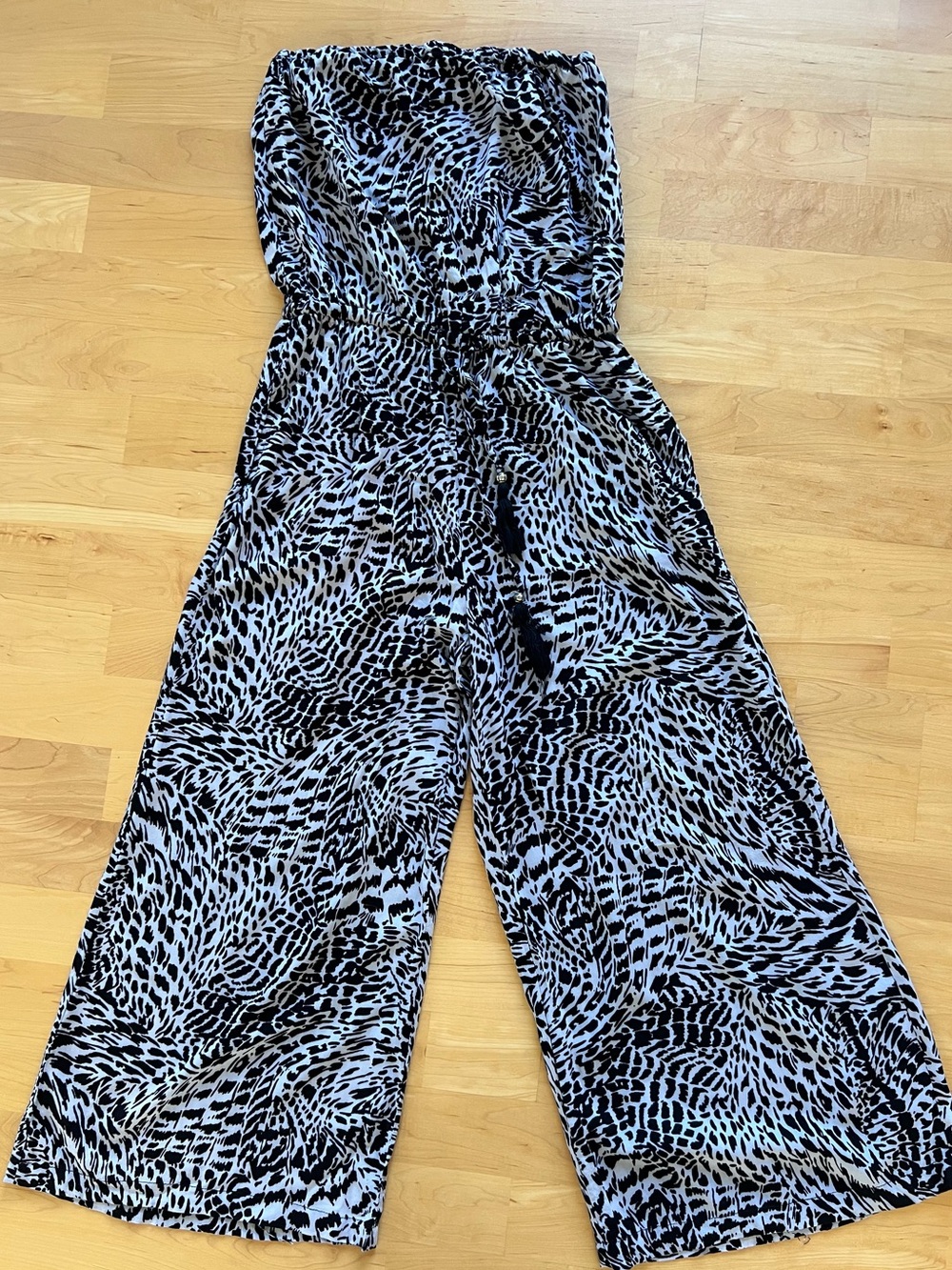 blue island Strapless Wide-Leg Jumpsuit in Black and White Animal Print